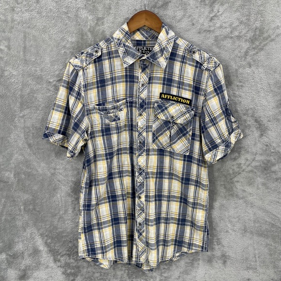 Affliction Shirt Men M Blue Plaid Edgy Grunge Fleur De Lis Black Premium Button - Picture 4 of 11